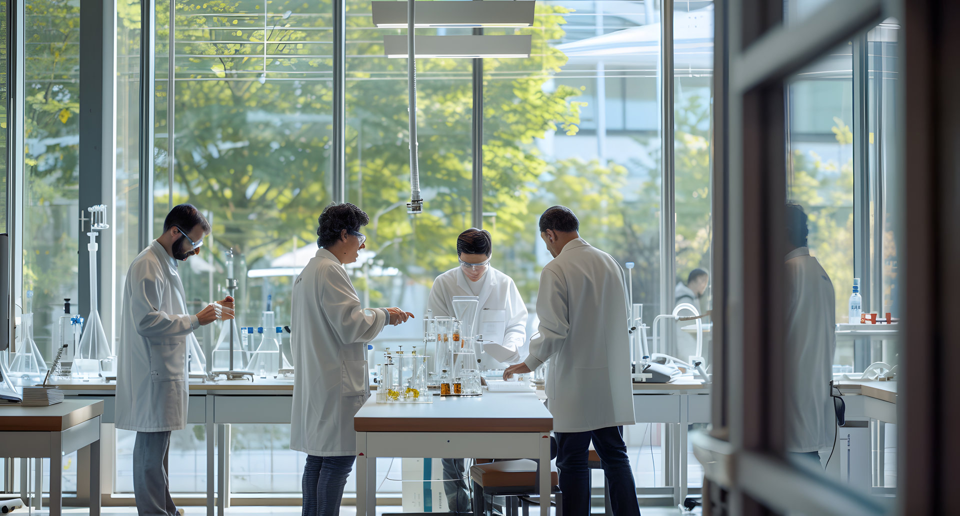 A group of scientists conduct tests in a lab.